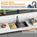 Black 31x20In Kitchen Sink Workstation-Stainless Steel Drop In Single Bowl Built-in Ledge Topmount Workstation Sink For Placing/Sliding Accessory-Cutting Board,Drying Rack,Convenient And Functional