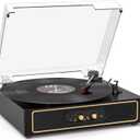 Retro Bluetooth Record Player with Built-in Speakers, 3-Speed Belt-Drive Turntable, Bass & Treble Control, Compact Vinyl Player with Transparent Dust Cover, RCA Output, AUX-in, Headphone Jack, Black