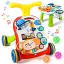 TOY Life 3 in 1 Baby Push Walker and Activity Center, Sit to Stand Walker for Babies 6-12 Months, Baby Walking Toys with Music Panel for Girls Boys, Toddlers Push Toys Gifts for Learning to Walk Red