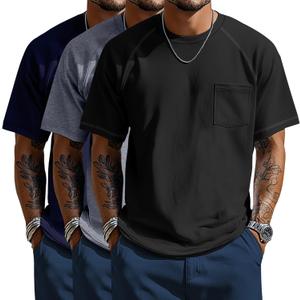 Neer 3 Pack Big and Tall Shirts for Men with Pocket XL-5XL Plus Size Crew Neck Raglan Short Sleeve Summer Casual T Shirts Tee (Black, Light Gray, Navy Blue)