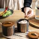 Salt and Pepper Bowl, Ceramic Salt Containers for Countertop, Salt and Pepper Cellar with Lid and Spoons, Black