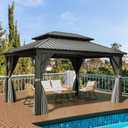 YITAHOME 12x16ft Hardtop Gazebo with Nettings and Curtains, Heavy Duty Double Roof Galvanized Steel Outdoor Combined of Vertical Stripes Roof for Patio, Backyard, Deck, Lawns, Gray