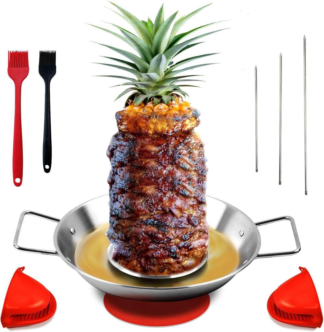 Fengzhe Al Pastor Skewer for GrillStainless Steel Vertical Stand, Brazilian Spit Stand with removable 3 Spikes, 2 Brushes, Anti-scalding Fittings, Fat Separator Tray, for Tacos Al Pastor, BBQ