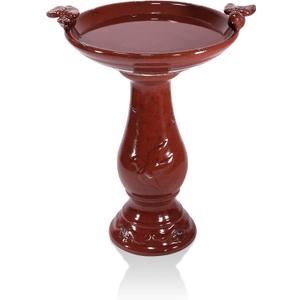 Alpine Corporation 25" Tall Outdoor Ceramic Antique Pedestal Birdbath with 2 Bird Figurines, Red