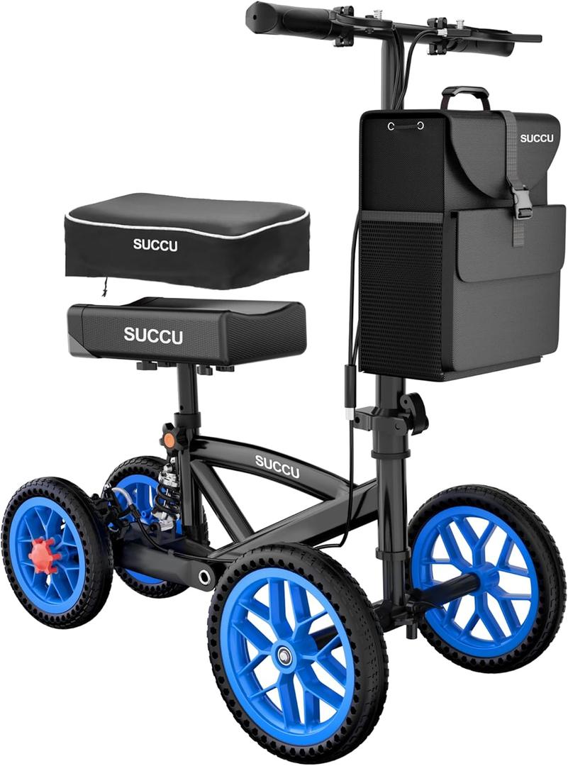 Knee Scooter for Adults for Foot Surgery, 11in Front Wheel Heavy Duty Knee Walker for Broken Foot, 350lbs Capacity Foldable Scooter Crutch Alternative with Disc Brake, Black (Blue)