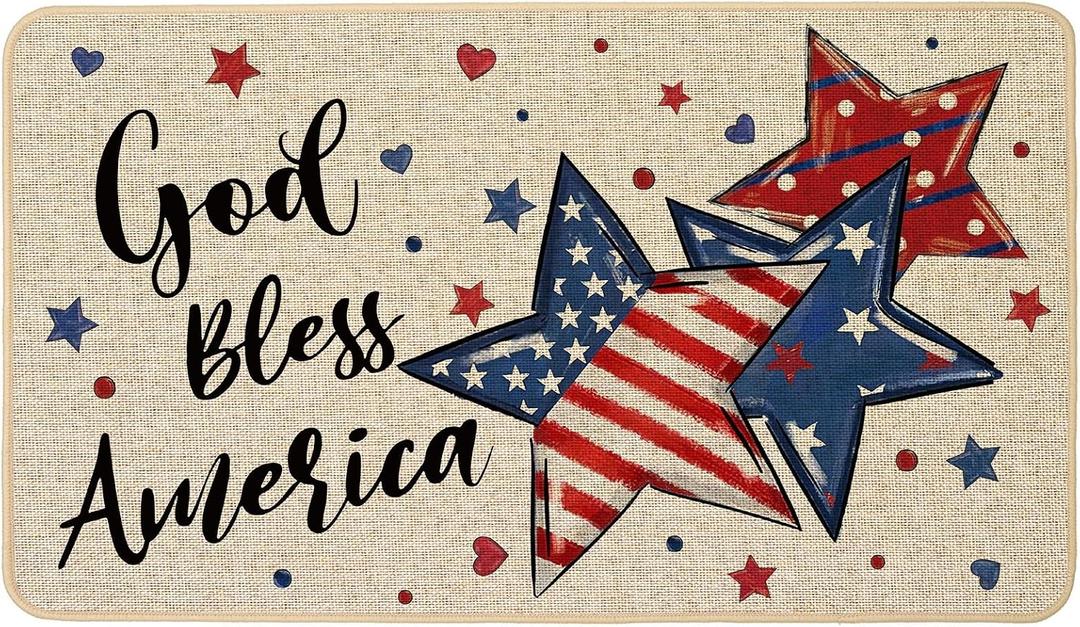Baccessor Gold Bless America Flag Star Patriotic 4th of July Doormat Independence Memorial Day Home Decor Low-Profile Door Mat Floor Mat for Indoor Outdoor 17x29 Inch