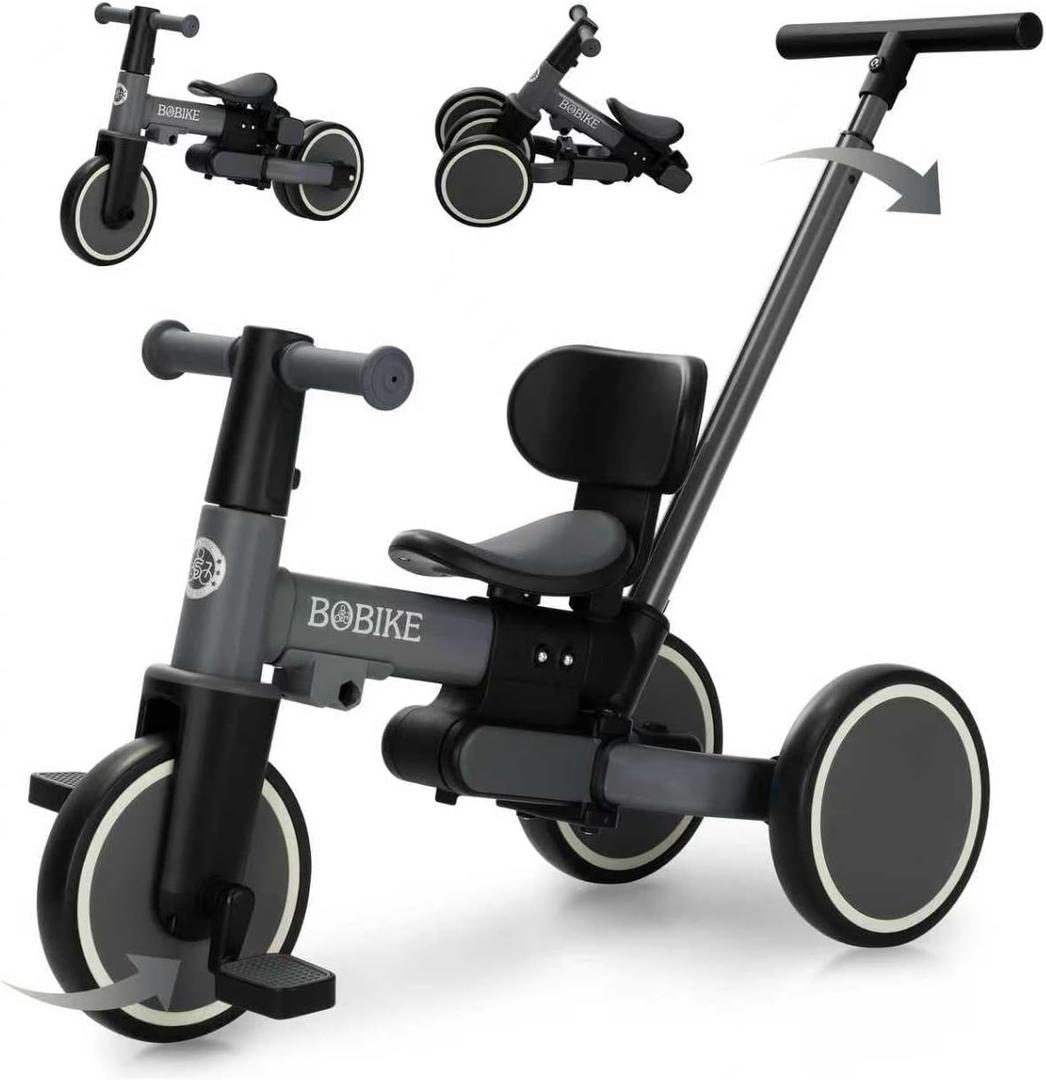 Toddler Bike with Push Handle,Tricycles for 1 to 3 Years Old, Toddler Tricycle with Push Handle for Boy Girl, Baby Balance Bike with Adjustable Seat Height and Removable Pedal (Black)