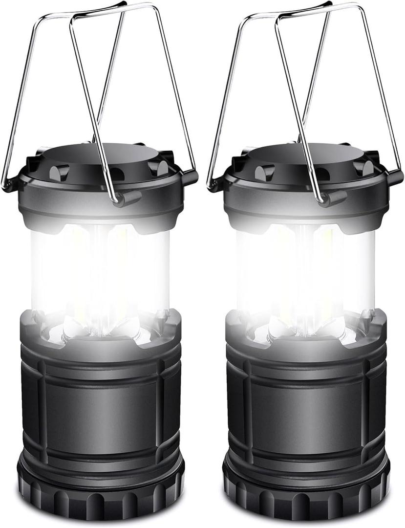 EXTRASTAR 2 Pack LED Battery Operated Lights, Portable Survival Battery Powered Lamp, Camping Lantern, Suitable for Hurricane, Emergency, Storm, Outages, Outdoor Collapsible Lanterns, Black
