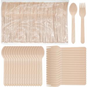 Mumufy 1000 Pcs Disposable Wooden Cutlery Set Bulk Utensils Spoons and Forks Set Forks Spoons Flatware for Weddings Camping Catering Picnic BBQ Party