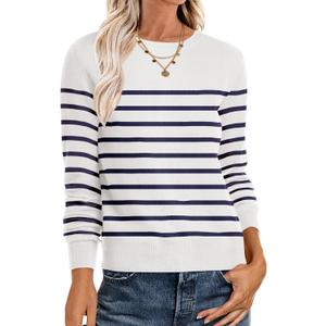 ANRABESS Sweaters for Women Long Sleeve Lightweight Crewneck Soft Basic Knit Loose Fit Pullover Top 2025 Fall Trendy Outfits (Large, White Navy Blue)