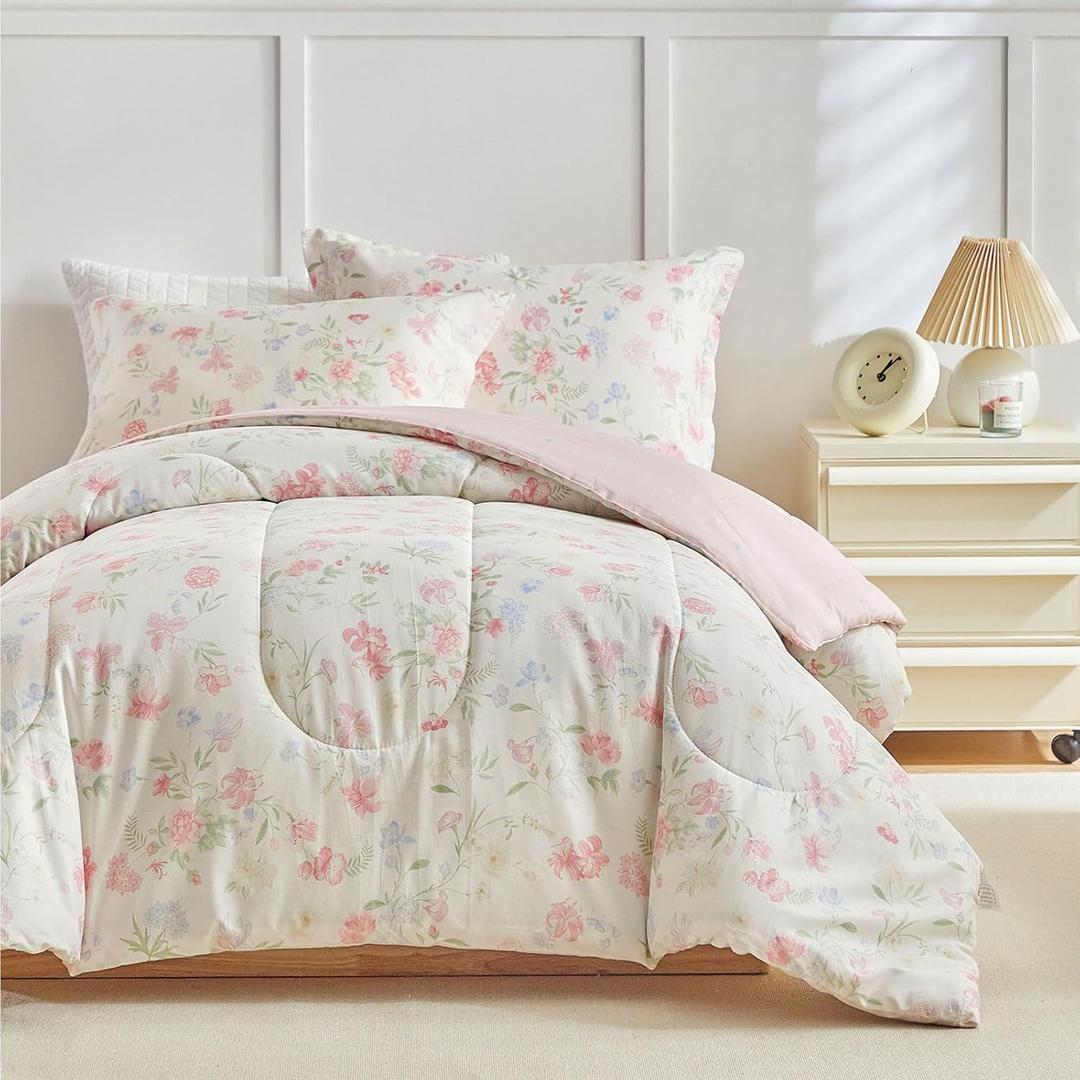 3pcs Floral Cotton Comforter Set for Girls, Pink Blue Beige Flowers Leaves Design, Twin Size Soft n Cozy Kids Bedding Comforter for All Season- 68x88 inches
