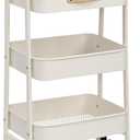 AGTEK Makeup Cart Movable Rolling Organizer Cart with Drawer, 3 Tier Metal Utility Cart with Hanging Cups, Drawer with Leather Handle, Mobile Trolley Cart for Home & Office, White