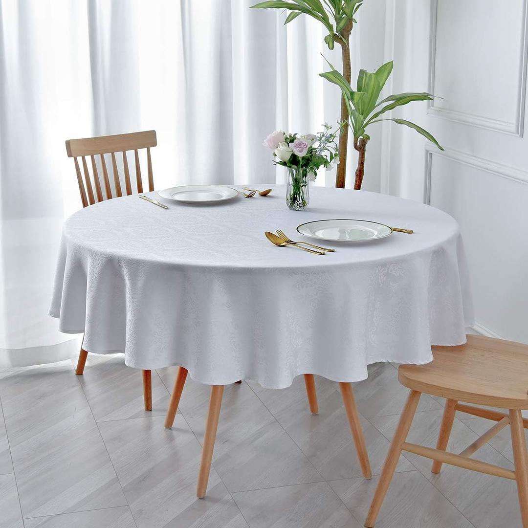 maxmill Jacquard Round Table Cloth Damask Design Waterproof Antiwrinkle Heavy Weight Soft Tablecloths for Circular Table Cover and Kitchen Dinning Tabletop Round 70 Inch White