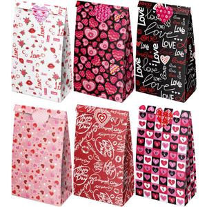 JWSCYSY 24Pcs Valentine Treat Bags, Small Goodie Bags with Stickers, Mini Paper Bag for Valentine's Day Gifts Wrapping Party Favors