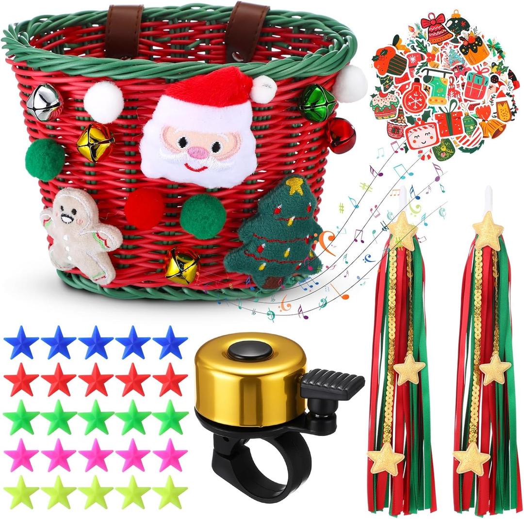 Christmas Bike Basket, Christmas Bike Basket Front Set Include Rattan Woven Bike Baskett with Bells Santa Plush Patterns, Xmas Stickers, Bike Bell, 2 Pcs Ribbons Tassels, Wheel Spoke Decoration (Red)