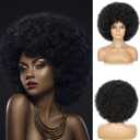 Soft Afro Wig 70s For Women Kinky Curly Hair Wigs With Bangs Natural Looking Short Curly Wig For Men Bouncy Black Puff Synthetic Hair Wig For Daily Party Use