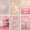 Pink Coastal Preppy Canvas Wall Art Coastal Granddaughter Print Aesthetic Room Painting Shells Oyster Posters Surfer Pictures-Girls Just Wanna Have Sun-Wall Decor for Girls Room Dorm Home Unframed