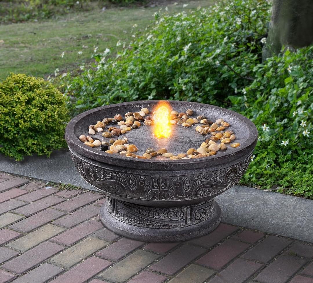 Outdoor Water Fountain with Led Light Decorative Pedestal Bowl Design with River Stones Home Decoration, Modern Garden Fountain for Patio Decor