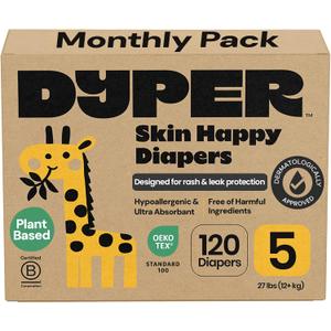 DYPER Monthly Pack Baby Diapers Size 5 (27+ lbs) 168 Count - Leak-Proof & Plant Based, Hypoallergenic and Ultra Absorbent Size 5 Diapers for Day and Overnight Skin Protection