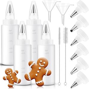4 Pcs Plastic Squeeze Bottles for Cookie Icing Bottle Decorating Supplies with 6 Different Piping Tips 2 Funnels, Squeezing Applicator Writer for Food Coloring Frosting Pancake Arts (4 Oz)