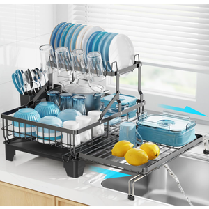 GSlife Large Dish Drying Rack 2 Tier, Expandable Kitchen Dish Drainer for Pots and Pans, 360° Swivel Spout, RustResistant Metal Dish Rack with Utensil & Cup Holder, 16.9" W x 14.4"22.4" L, Black