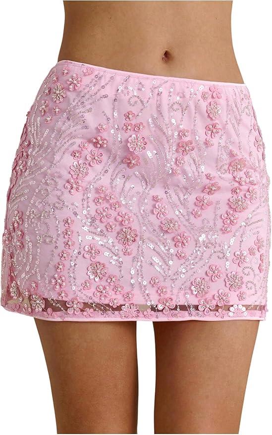 MakeMeChic Women's Sequin Mini Skirt Y2K Sparkly Micro Pencil Skirt with Sash size small