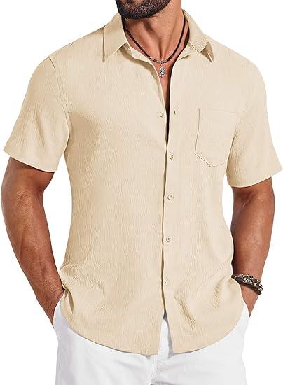 COOFANDY Mens Button Down Shirts Short Sleeve Shirt Casual Summer Beach Textured Shirts with Pocket (Beige)