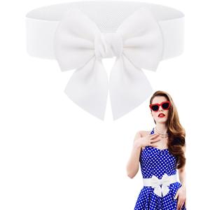 Geyoga Women Bow Belt Elastic Waist Belt Bowknot Stretchy Corset Dress Sash 2.4'' Wide (Small, White)