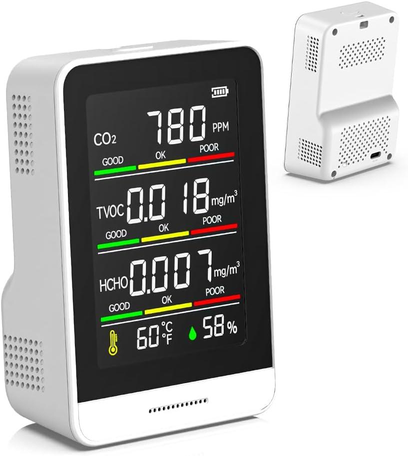 Air Quality Monitor Indoor, 5 in 1 Portable Real-Time Smart Air Quality Tester with CO2 Monitor, HCHO, TVOC, Temperature, Humidity Detector for Home, Office, Car, Hotel (White)