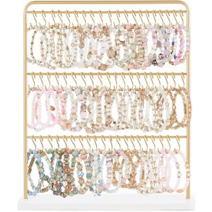 Mkono Bracelet Holder Metal Jewelry Organizer Display Stand Modern Necklace Holder with 60 Hooks Storage Rack for Hanging Bangle and Earrings Bedroom Dressing Table Decor Gifts for Women,Gold