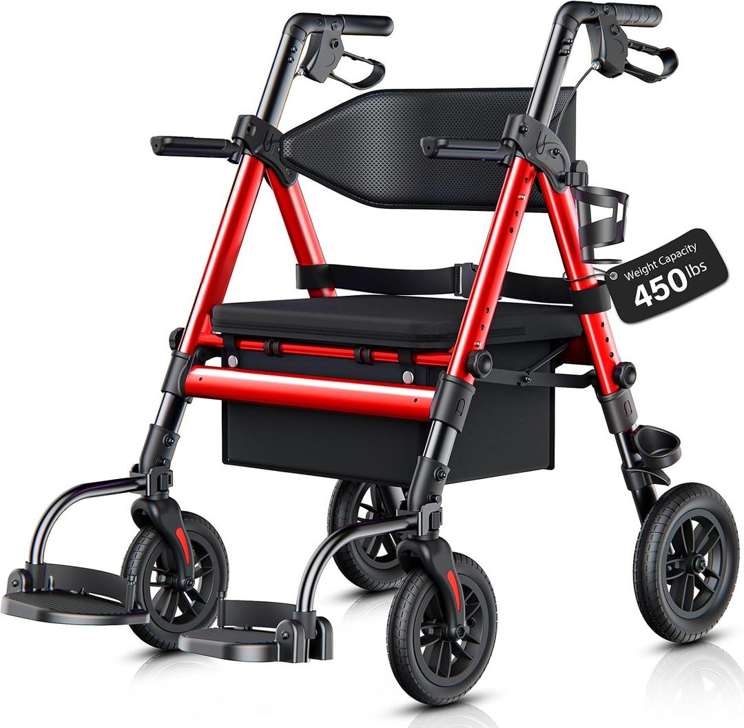 Walkers for Seniors 2 in 1 Wheelchair Combo, 450 lb Foldable Rollator Transport Chair with Seat, Heavy Duty Rolling Walker 10" Wheels for All Terrain, Red