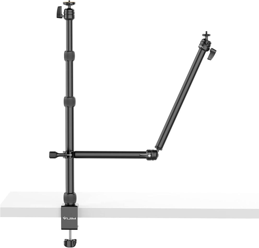 jusmo Camera Desk Mount Table Stand with 2 Auxiliary Holding Arm and Ball Head, 16.1"-33.8" Adjustable Light Stand for DSLR Camera, Ring Light, Live Streaming, Photo Video Overhead Shooting