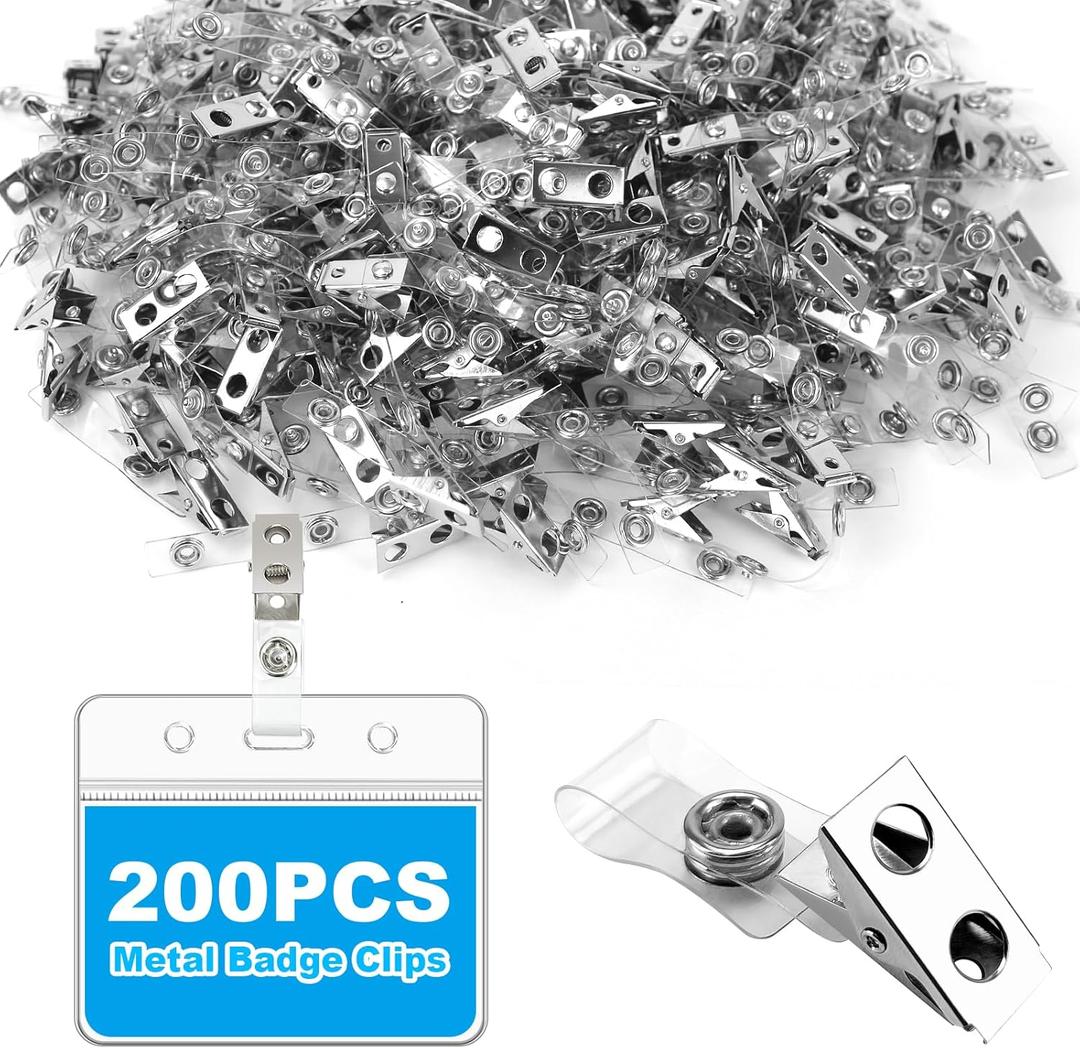 200pc ID Badge Clip,Badge Clips with Strap Clear Strap,Metal Name Badge Clips Adapter for ID Cards, Badge Holders, Name Tags, Work Badges