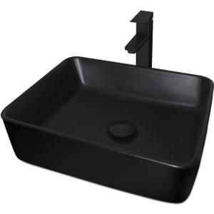 Ceramic Bathroom Sink, Black 19" x 15" Above Counter Porcelain Vessel Sink with Black Faucet and Pop up drain Set, Rectangle