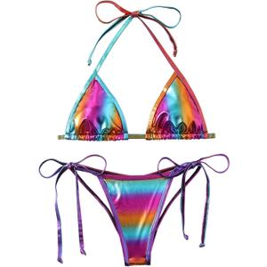 Women's Liquid Metallic Rainbow Bikini Sets Shiny String Padded Triangle 2 Pieces Swimsuit Set (XX-Large)