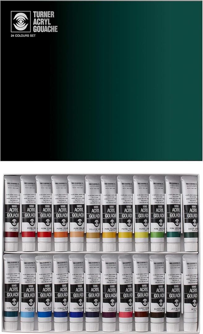 Turner Acrylic Paint Set Artist Acryl Gouache - Super Concentrated Vibrant Acrylics, Fast Drying, Velvety Matte Finish - [Set of 24 | 20 ml Tubes] (0.68 Fl Oz (Pack of 24))