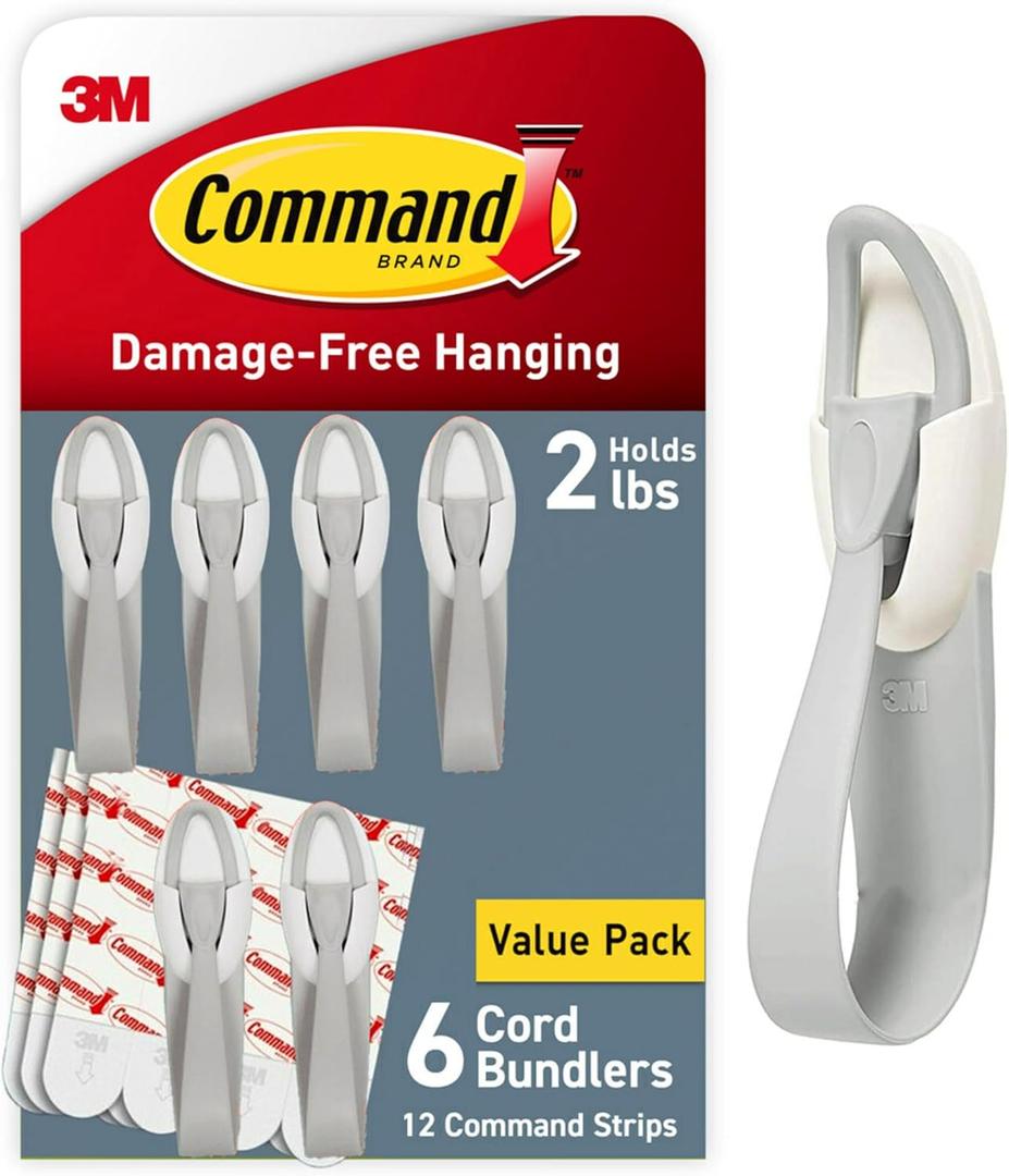 Command Cord Bundlers, Plastic, Damage-Free Hanging Cord Organizer, No Tools Bundler for Hanging Electrical Cables, 6 Gray Bundlers and 12 Strips