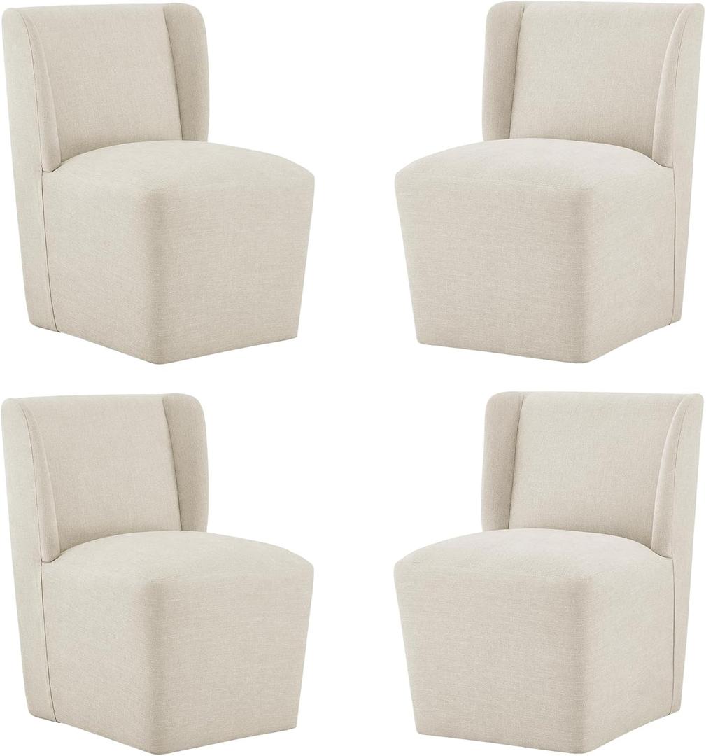 Upholstered Dining Chairs Set of 4 with Casters, Wingback Modern Side Armless Deskchair with Rollers for Diningroom Bedroom Livingroom Reading Room, Cream Beige Fabric (4 PCS (4 BOX))