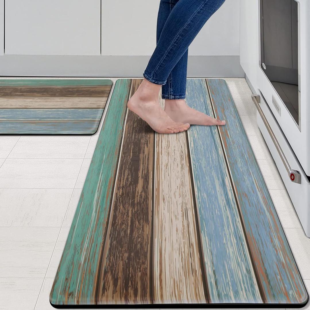 MAYHMYO Kitchen Rugs and Mats Set of 2 Teal Farmhouse Anti Fatigue Mat PVC Non Slip Retro Rustic Wood Texture Kitchen Mats for Floor, 17.3 x 29 x 0.4 inch + 17.3 x 47 x 0.4 inch