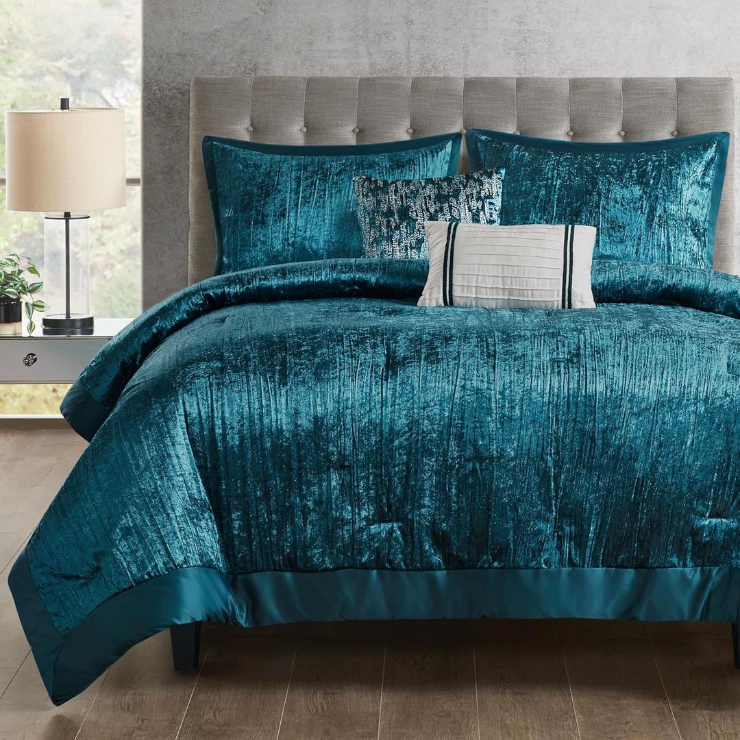 Madison Park Queen Comforter Set, Luxe Velvet, Satin Binding Comforter for a Queen-Size Bed, Cozy Velvet Comforters, All Seasons, Lightweight, Down Alternative Bedding, Full/Queen, Teal 5 Piece