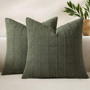 Woaboy Linen Check Throw Pillow Covers Set of 2 - Olive Green Farmhouse Modern Boho Vintage Decorative Cushion Covers Spring Home Decor for Sofa Couch Bedroom Living Room 18x18 Inch