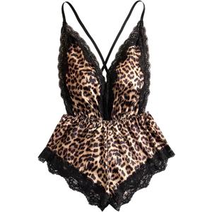 OYOANGLE Women's Cheetah Print Satin Lingerie Bodysuits Leopard Lace Trim Criss Cross Teddy Babydolls (Medium, Brown)