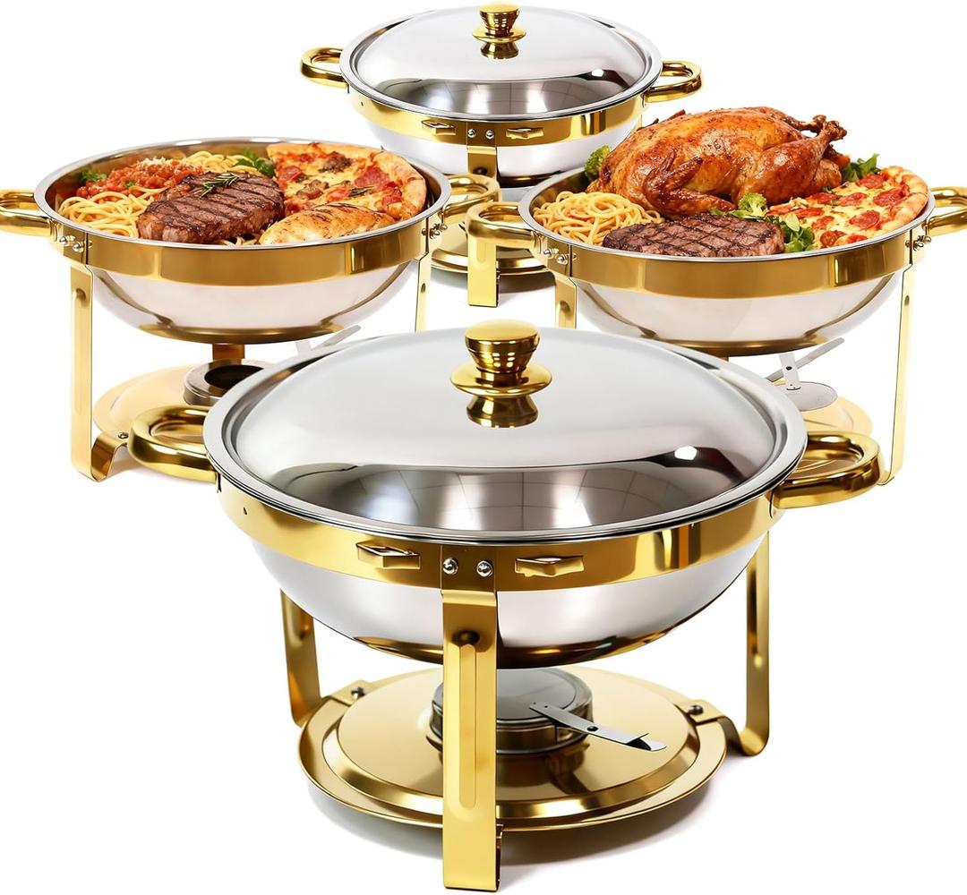 6QT Gold Chafing Dishes for Buffet, 304 Stainless Steel Food Pan with Lid, Round Chafing Dish Buffet Set of 4 Pack Food Warmer, Food Warmers for Parties Buffet Catering Events Dinners
