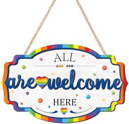 HOURIA 3D All are Welcome Here Door Sign(11.4”x7.5”),Colorful Rainbow Love Heart Classroom Welcome Door Hanger, Rustic Pride Month LGBTQ Party Wall Hanging Sign for Home Office Classroom School