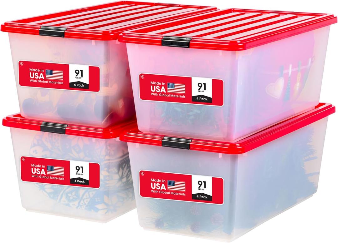 IRIS USA 91 Qt. Stackable Plastic Storage Bins with Lids, 4 Pack - BPA-Free, See-Through Organizing Solution, Latches, Durable Nestable Containers, Secure Pull Handle, Made in USA - Red
