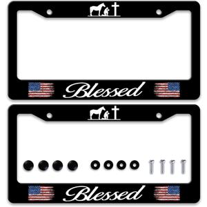 2pcs Blessed American Flag License Plate Frame Cross Pray for Us License Plate Frames Stainless Steel Accessories Cars Decor with 2 Holes and Screws Fits Standard Us Ca Vehicles Size 12.2 X 6 Inch