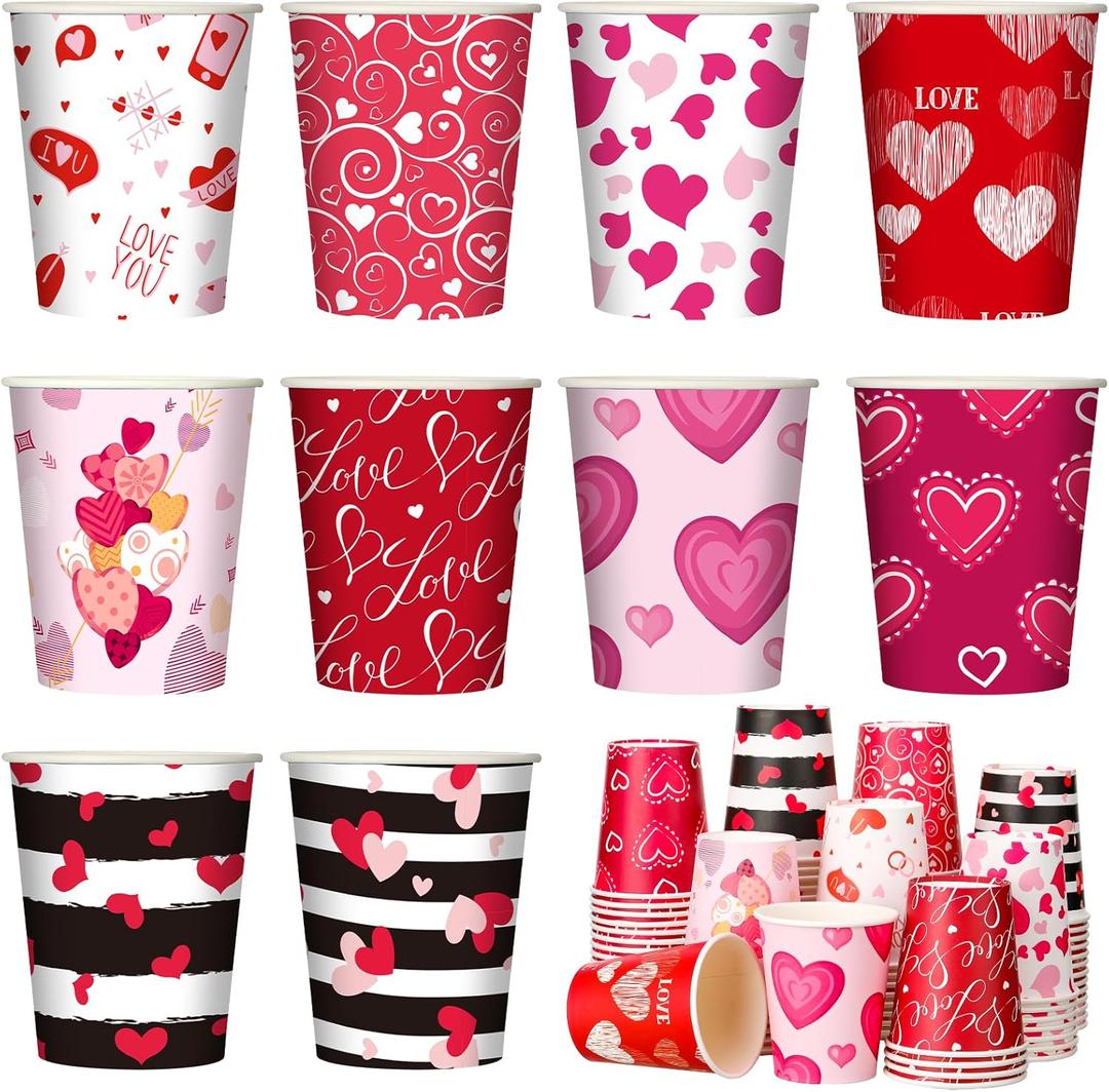 96 Pcs Valentine's Day Disposable Cups 9 oz Hearts Paper Coffee Cups Valentines Red Pink Beverage Favor for Hot Tea Chocolate Coffee Bar Accessories