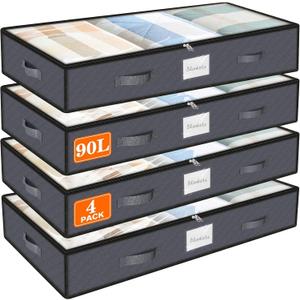 SpaceWhisper 90L Under Bed Storage Containers, 4-Pack Storage Bins with Clear Top, Foldable Closet Organizers and Storage with Label Holder for Clothing, Blankets, Comforter & Pillows (Grey) (Gray)