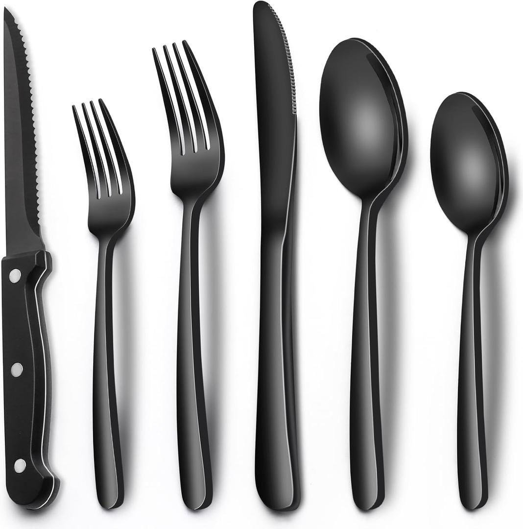 EWFEN 24-Piece Black Silverware Set with Steak Knives, Black Flatware Set for 4, Food-Grade Stainless Steel Tableware Cutlery Set, Mirror Finished Utensil Sets for Home Restaurant, Heavy Duty