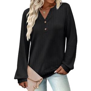 Women's Long Sleeve V Neck Henley Shirts Textured Lightweight Tunic Sweaters Dressy Casual Tops 2025 Fall Blouses (Black, XL)